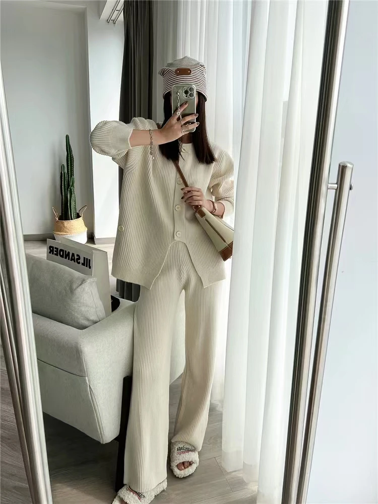 Women Sweater Winter 2 Piece Sets Elegnat Knitted Suits Female Sweaters Vintage Womens Pants High Waist Autumn Vintage Vestidos