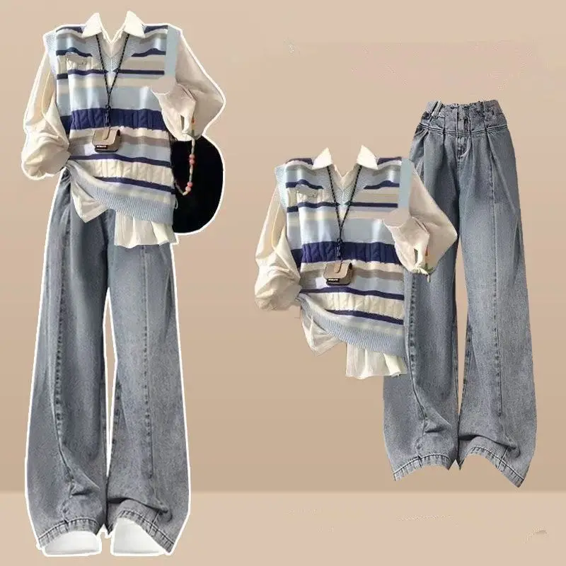 

Весенне-осенний синий вязаный жилет в консервативном стиле, бандажные рубашки, джинсовые брюки, комплект из трех предметов, женский свитер на бретелях с джокером, топы, джинсовая одежда