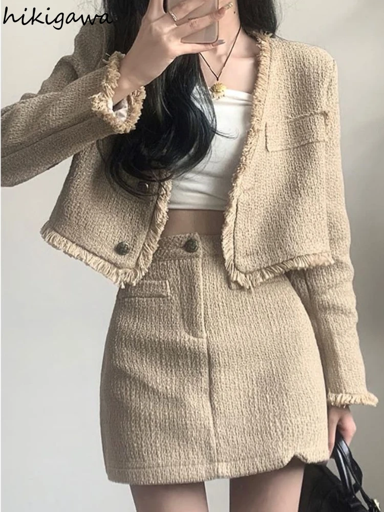 Temperament Women Clothing 2 Piece Sets V-neck Long Sleeve Tassel Coat High Waist Tunic Mini Bodycon Skirt Outfits Korean Suit