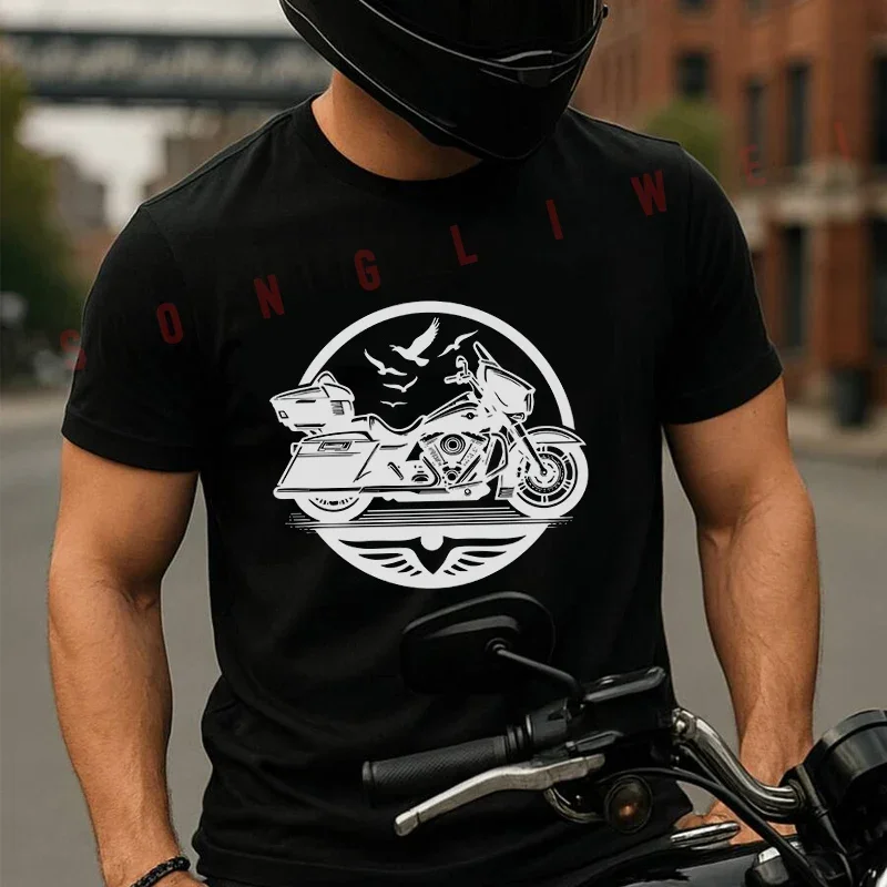 

Moto Cotton T-Shirt Motorcycle With Birds Emblem Men Tees O-neck Short Sleeve T Shirt Fashion Hip Hop Streetwear Tshirt