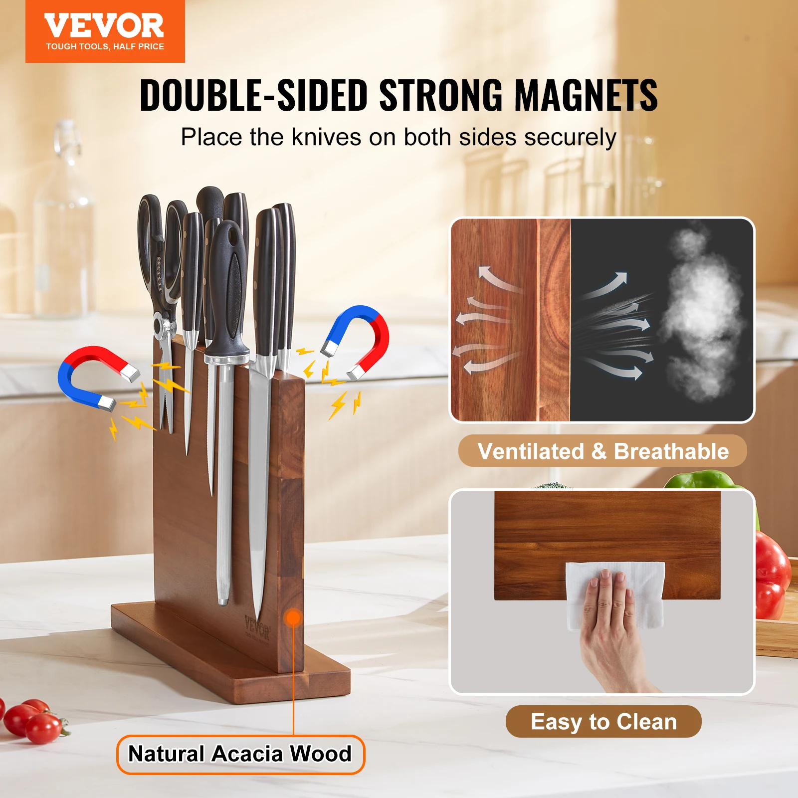 VEVOR Magnetic Knife Block Double Sided Magnetic Knife Stand Multifunctional Storage Acacia Wood Knives Rack 