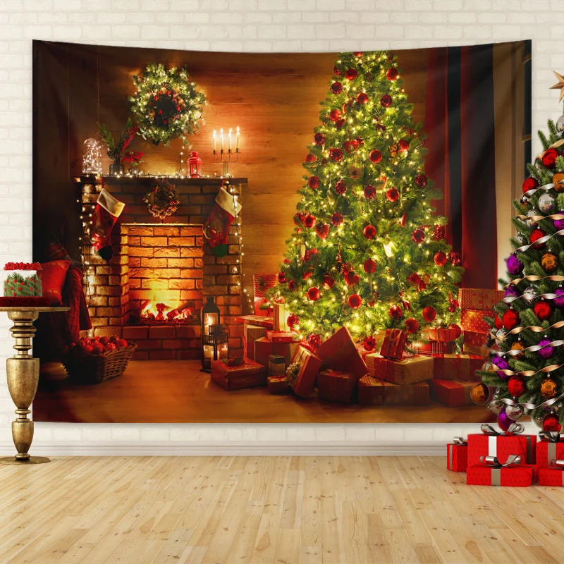 1pc Christmas decoration tapestry, Christmas tree fireplace decoration background cloth, Christmas party photo wall hanging