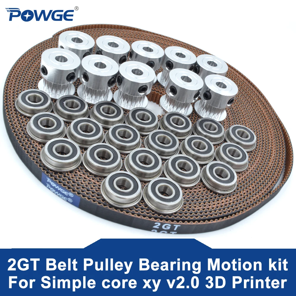 

POWGE Simple core xy v2.0 Motion kit of 20 Teeth 2GT Timing pulley 2GT RF open timing belt Width 6mm F695-2RS Bearing 3D printer