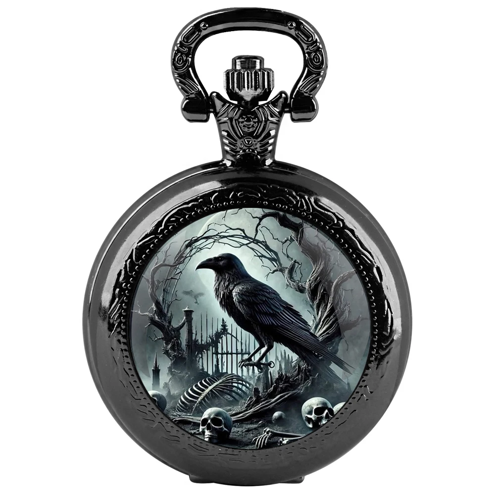 Vintage-Style Crow Skull Exquisite Quartz Pocket Watch for Women Men Kids Unique Clock Watches Chain Jewelry Pendant Gift