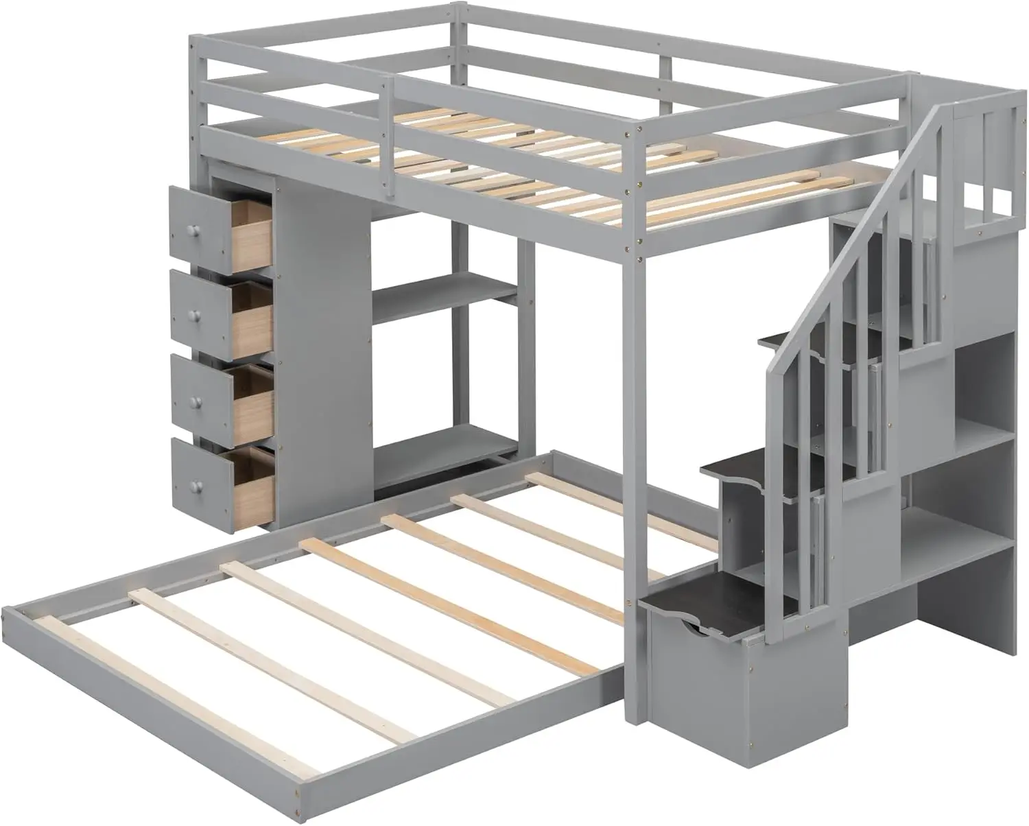 سرير بطابقين على شكل حرف L مع سلالم ومساحة تخزين ، إطار سرير خشبي ، 4 أدراج وأرفف من 3 طبقات ، سرير مزدوج ، سرير سفلي كامل