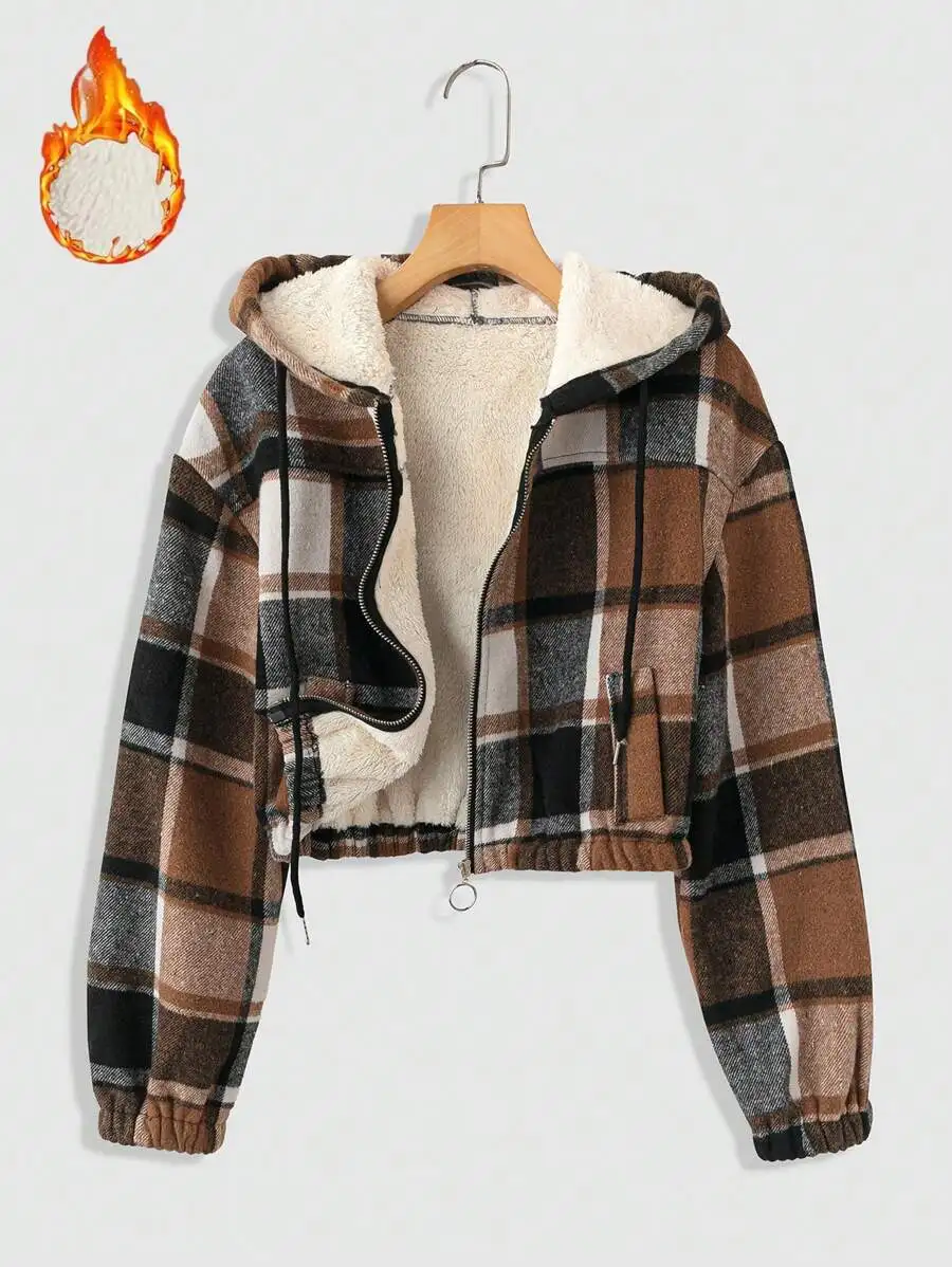 

Women's Plaid Fleece-Lined Zip-Up Cropped Hooded Jacket for Autumn Winter