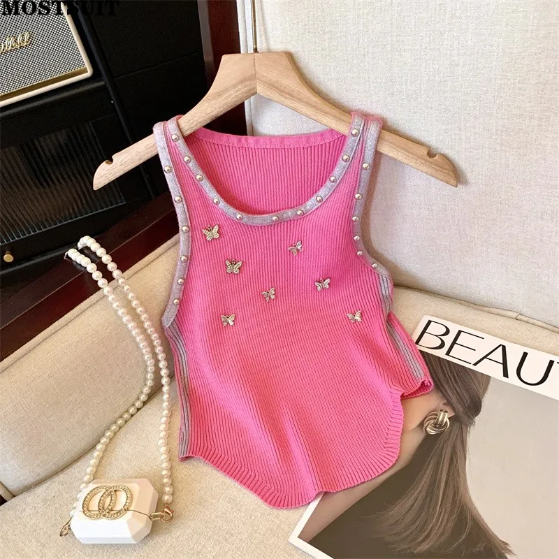 Stylish Slim Knit Sweater Vests Women 2024 Summer Sexy Streetwear Fashion Chic Butterfly Rivets Crop Tops Sleeveless Ladies Tees