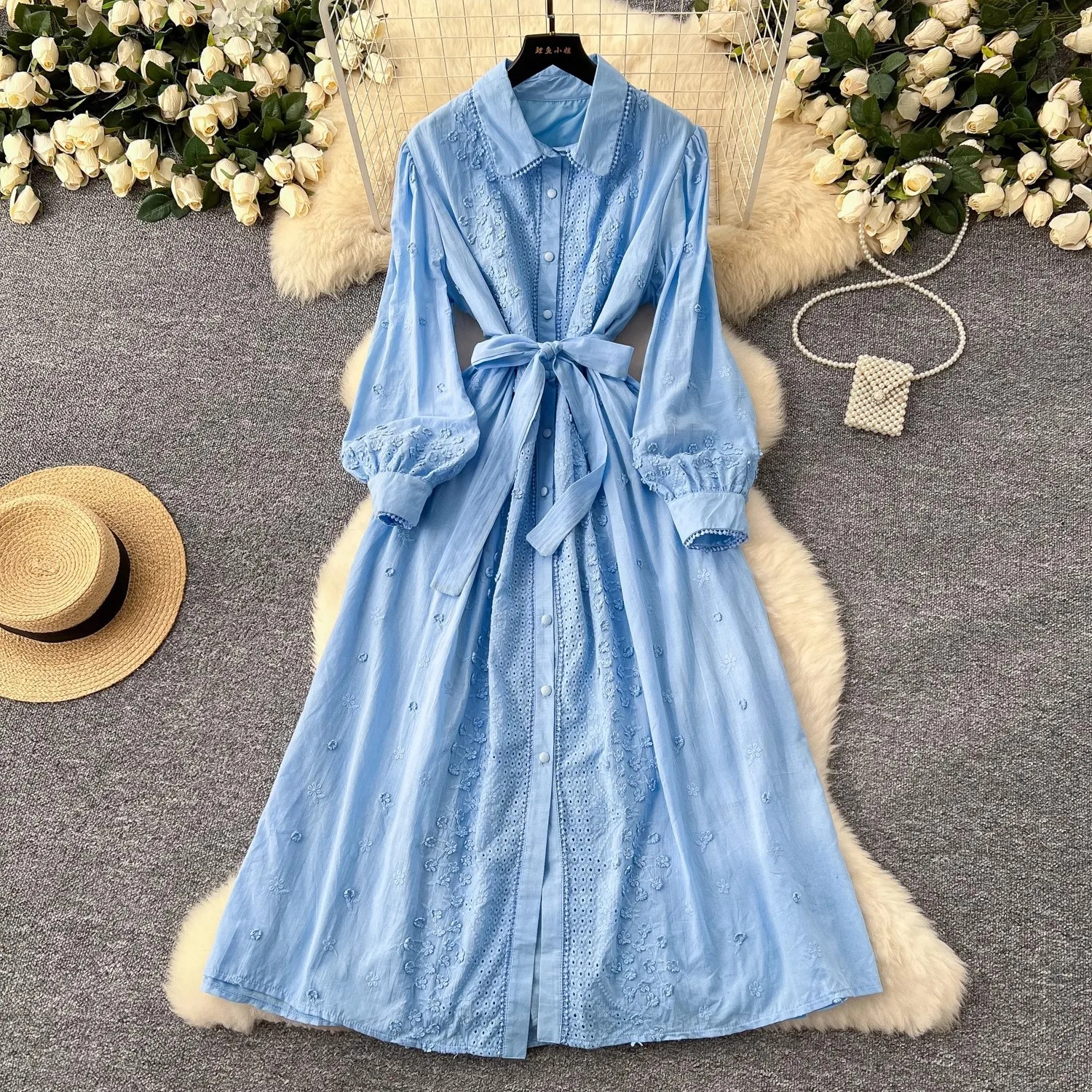 الفرنسية الرجعية التلبيب فانوس كم التعادل الخصر فستان ماكسي الإناث بوهو التطريز أنيقة فساتين طويلة فستان عطلة الشاطئ عادية