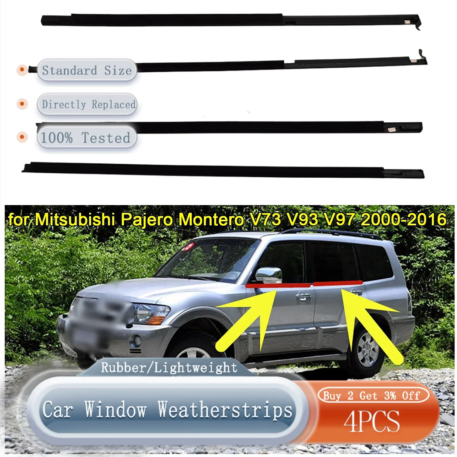 4pcs Car Window Weatherstrip Window Glass Waterproof Pressure Weather Strip for Mitsubishi Pajero Montero V73 V93 V97 2000-2016