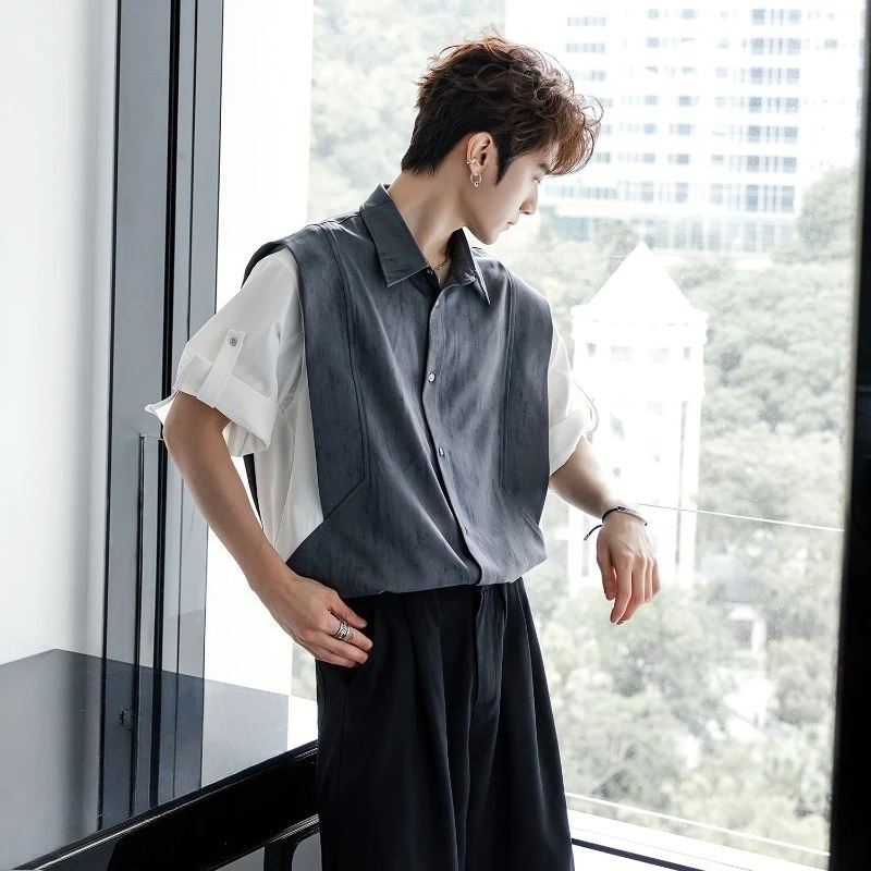 

2026 New Men's Stripe Short Sleeve Shirt Summer Casual Fake Two Piece Top Patchwork Design Stylish and Handsome