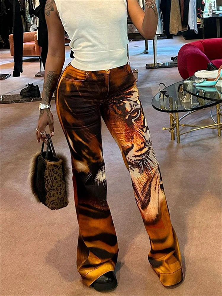 Macheda Tiger Print Flare Pants Women 2025 Hot Girl Y2K Trend Skinny Elastic Wild Casual High Waist Classic Streetwear Trousers