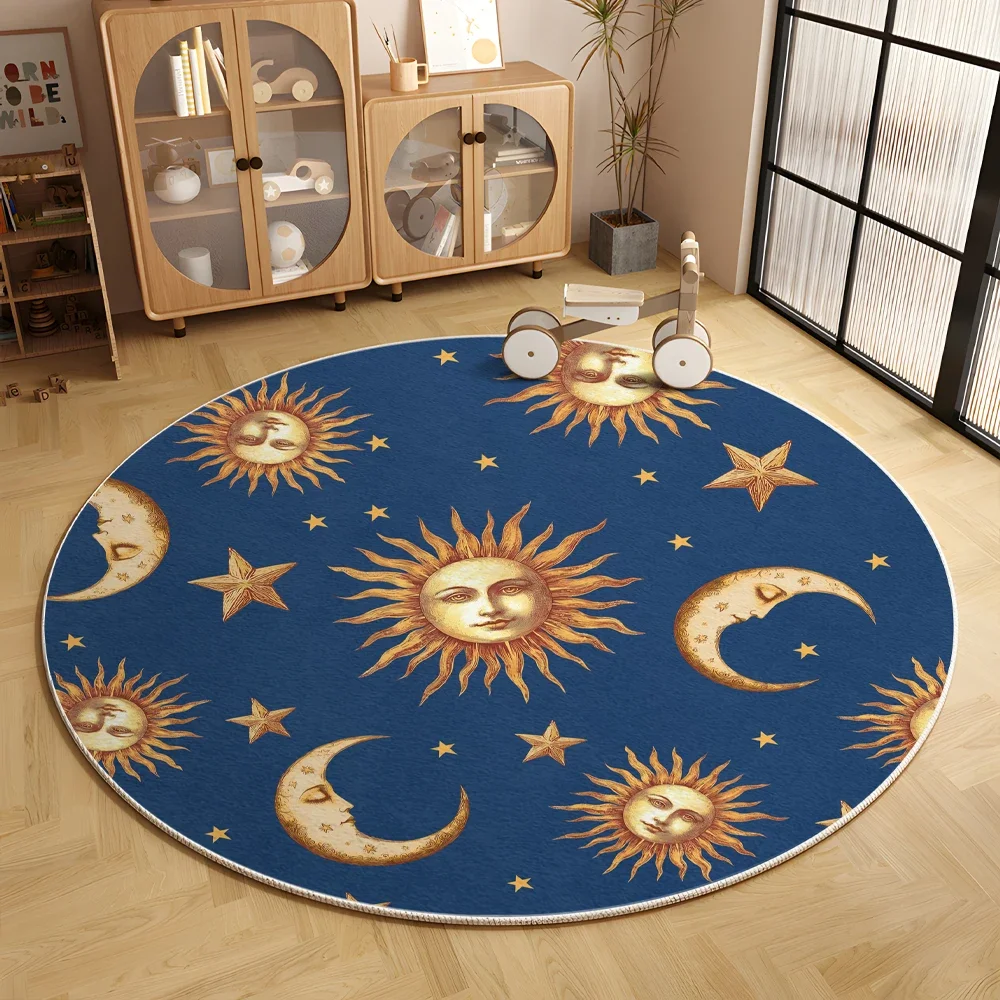 Modern Round Area Sun Moon Star Rug Non-Slip Circular Rugs Large Circle Carpet for Bedroom
