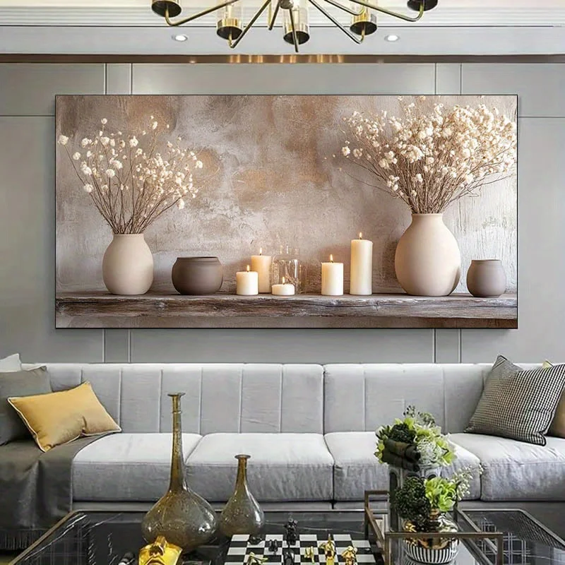 1pc Frameless Modern Canvas Art Golden Tree of Life, Neutral Tones with White Vases & Candles, for Living Room or Bedroom Decor