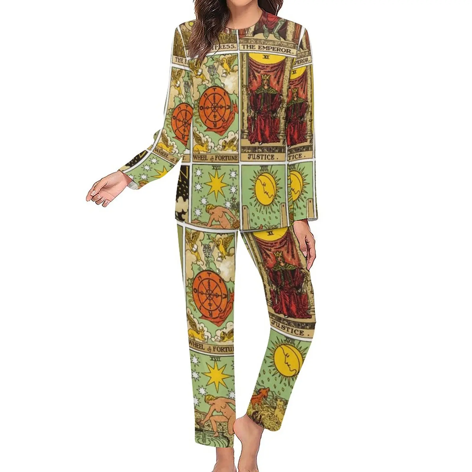 Arcana of Tarot Pajamas Women Vintage Patchwork Romantic Nightwear Autumn Two Piece Leisure Oversized Pajamas Set