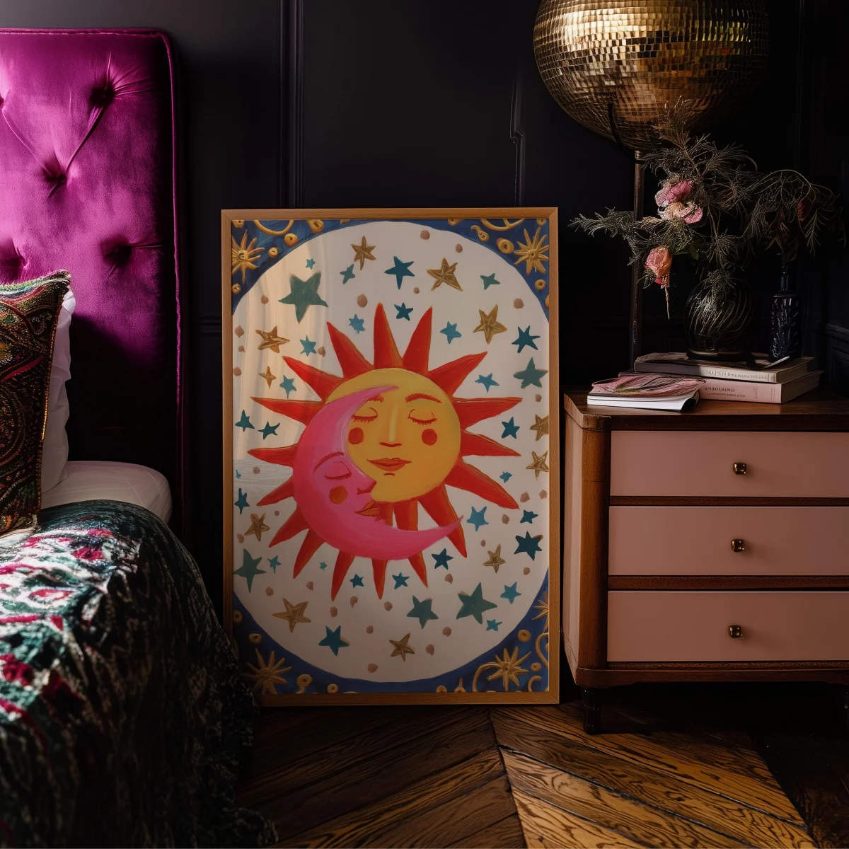 Boho Sun Moon Celestial Kissing Canvas Print Poster Vintage Astrology Crescent Aesthetics Art Prints Home Decor Ramadan Gifts