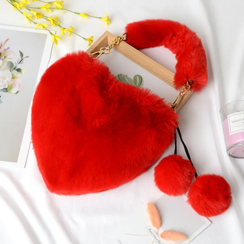 Valentine's Day/Eid Al-Fitr/New Year Gift - Korean-Style Faux Rabbit Fur Handbag for Girls and Children, Heart-Shaped Crossbody Bag