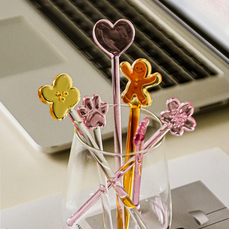 1pc Cute Glass Stirrer Kawaii Sakura Cat Paw Stirring Cocktail Drink Stirring Sticks Reusable Drink Mixer Drinks Decor Muddler