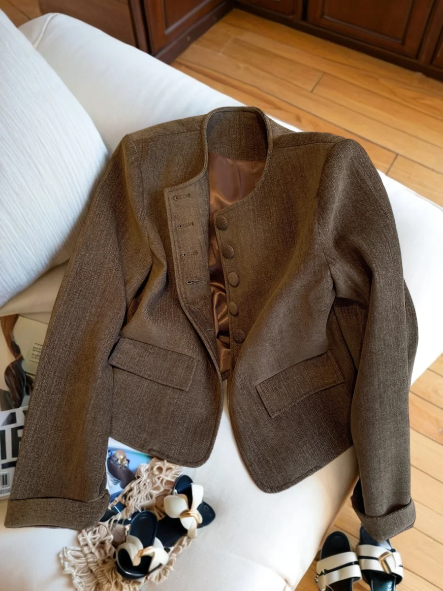 

Ретро-жакет с круглым вырезом и одной пуговицей для женщин, весенне-осенний дизайн, повседневный топ, приталенный крой, длинный рукав, пальто