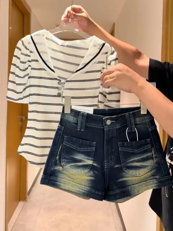 

Retro Navy Collar Striped Short Sleeve T-Shirt Women's Summer Sweet Design Versatile Slimming Top College Style