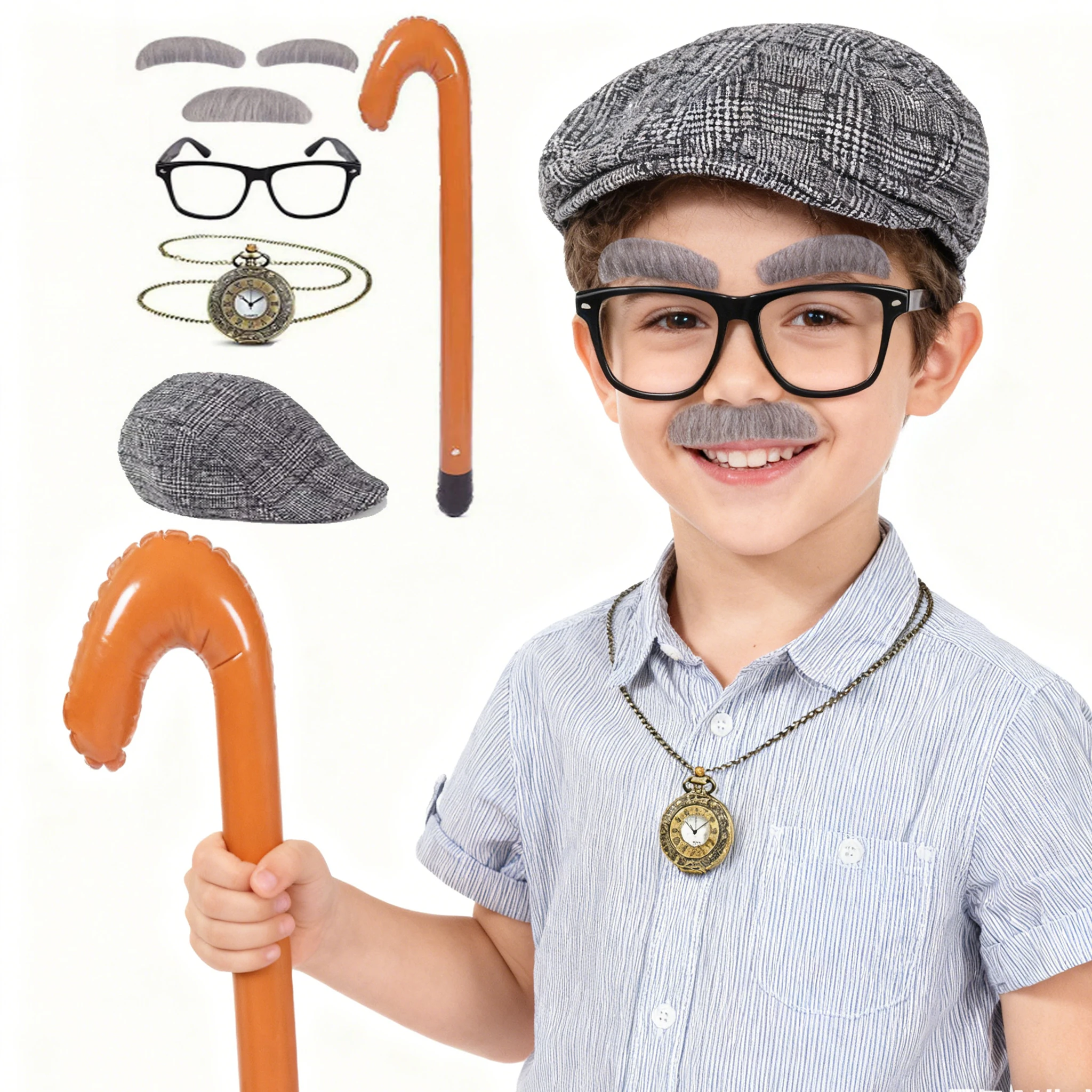 5Pcs OldMan Set Kids 100 Days of School Costume for Boys Cane+Glasse+ Faux+Eyebrows+Mustache+Hat+pocket watch for Grandpa outfit