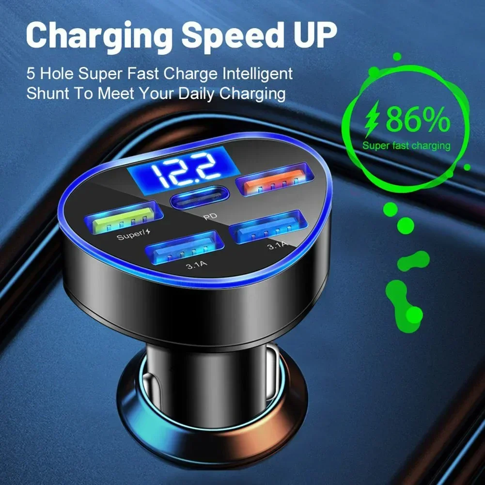 Car Charger 12-24V DC Charger Upgrade Kit 5-in-1 66W Super Fast Charging Digital Display Car Charger For QC3.0 Orange LED USB