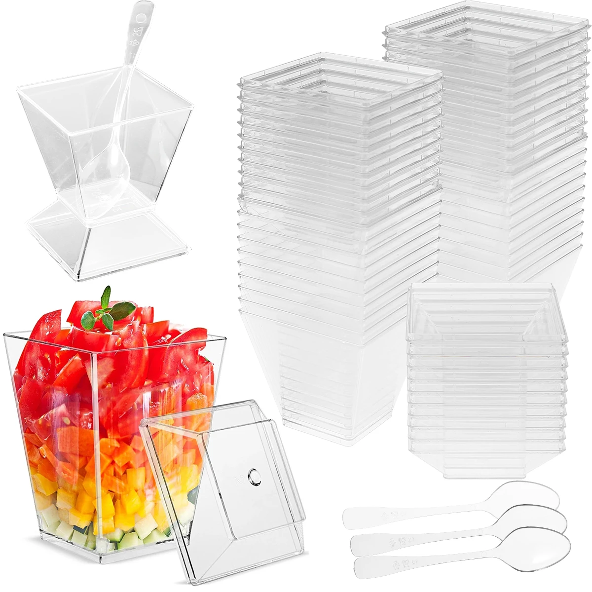 Mini taza de postre desechable con tapa y cuchara, 50 piezas, plástico transparente, 2oz/60ml, para postre, pudín, Mousse, Yogurt, aperitivos