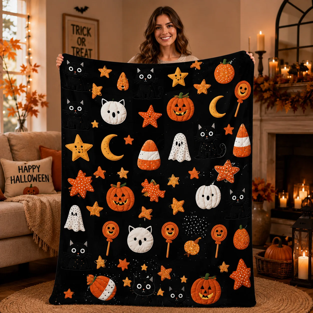 1pc All-Season Flannel Blanket with Halloween Patchwork Quilt Pattern Print, Suitable for Travel And Camping, Washable for Living Room And Office