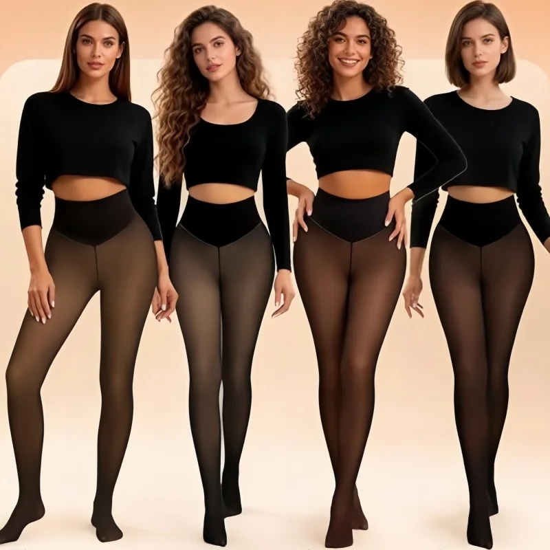 High Waist Tummy Control Fleece Lined Tights Women Winter Fake Translucent Pantyhose Compression Warm Thermal Skin‑Ton Leggings