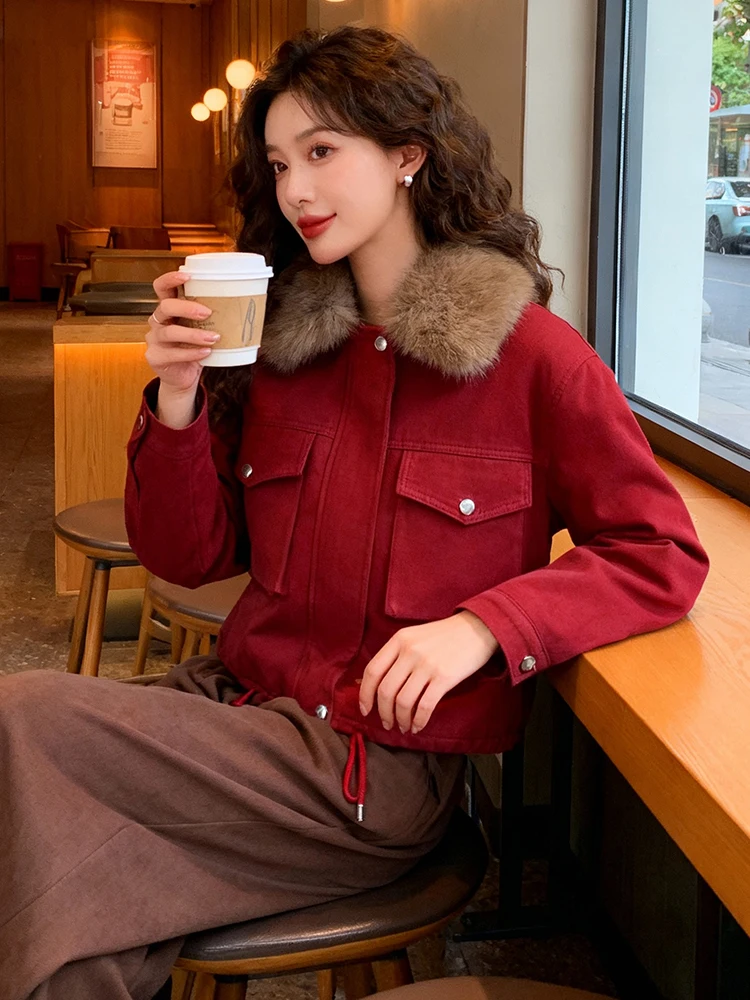 

Ladies' Lamb Velvet ort Jaet Thiened Fce Cotton Coat Slimming Sle Belly Covering Winter Faion Outerwear