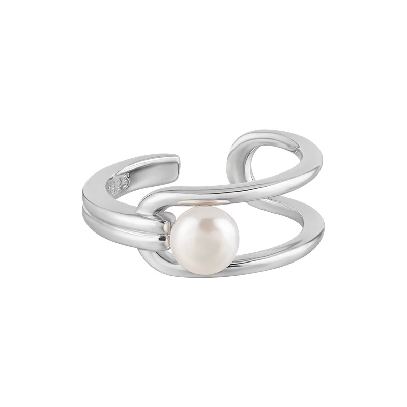 Small temperament high -level sense of geometric hollow inlaid freshwater pearl S925 sterling silver opening ring