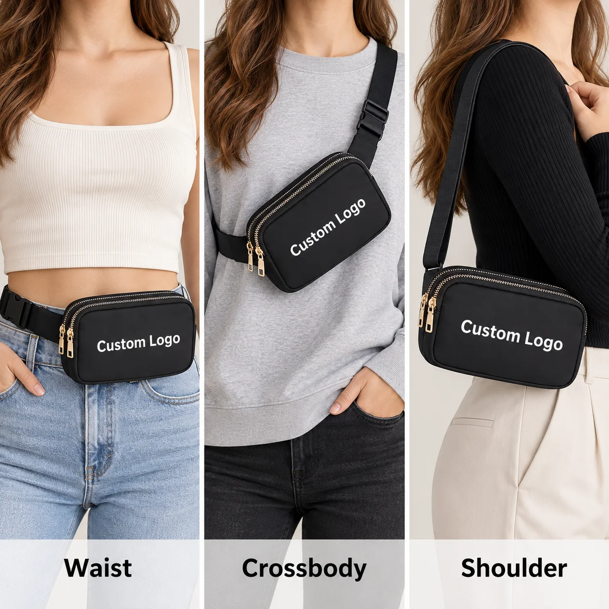 Custom 13pcs Double Zipper Waist Bag Personalized Logo Belt Pack Adjustable Crossbody Fanny Pack For Daily Travel Couples Gift