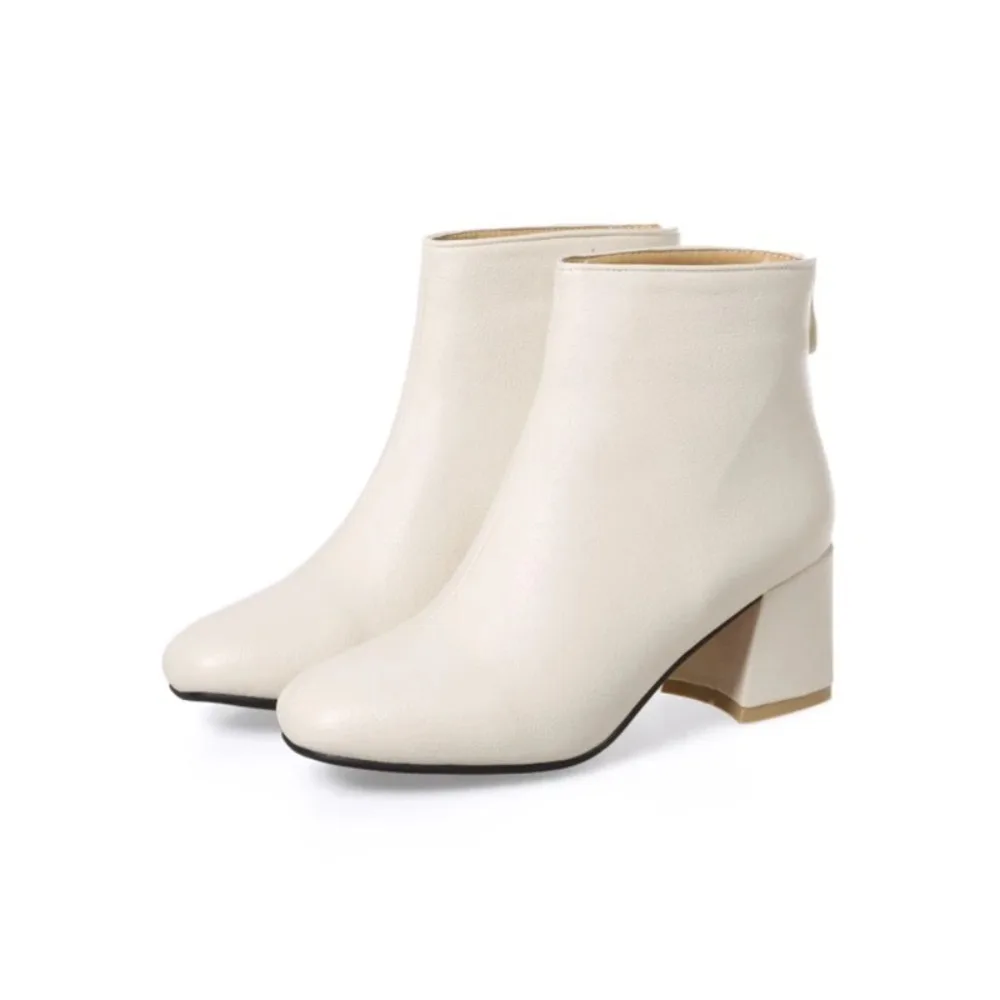 Autumn Winter Thick High Heels Zipper Sexy Womens Boots Feminina SquareToe Faux Leather White Ankle Boot Big size 32-46 17-24