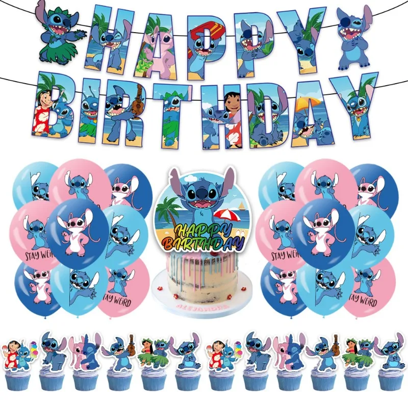 Disney Stitch-suministros para fiesta de feliz cumpleaños para niños, decoraciones para el hogar, figura de Anime de dibujos animados, globos, pancarta, complemento para pastel