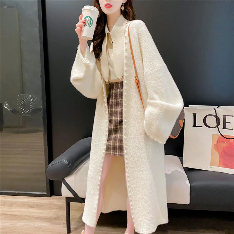 

2024 Autumn And Winter Lazy Mink Long Coat Women's Korean Version Loose And Thick Knee Length New Sweater Cardigan Knitted