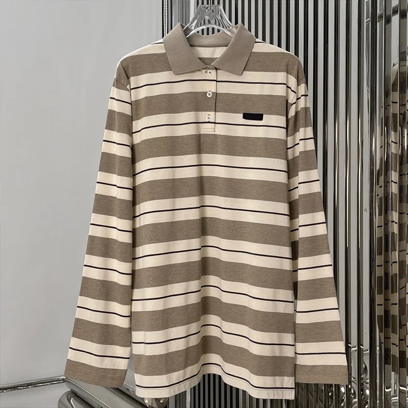 

High-quality women's POLO collar long-sleeved t-shirt with three-color stripes and simple design for spring autumn tops 2590494