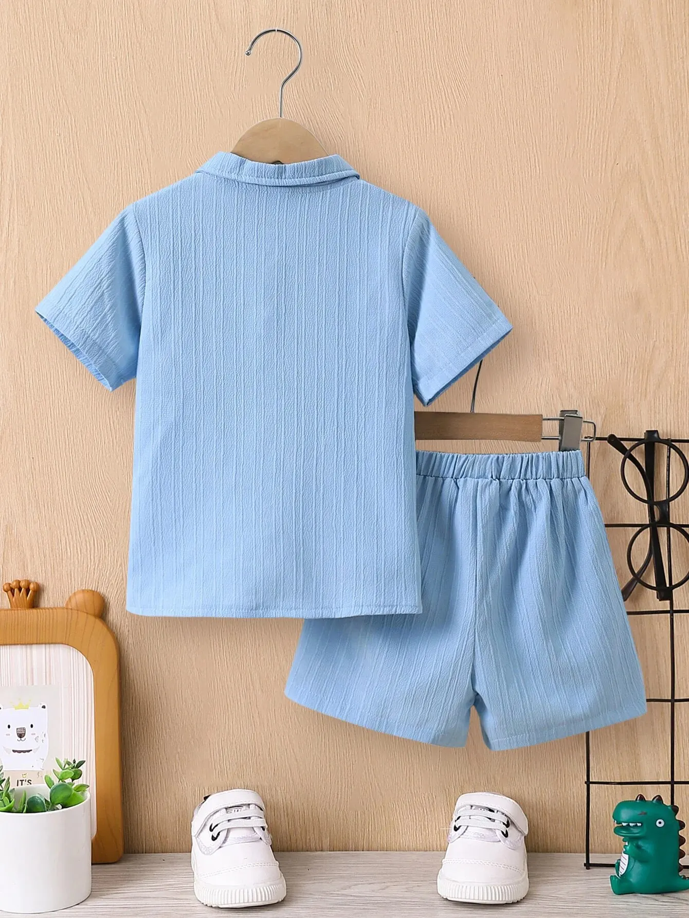 Summer Boys' Sets Blue Wave Shirt Shorts Casual Two-Piece Simple Kids Clothing