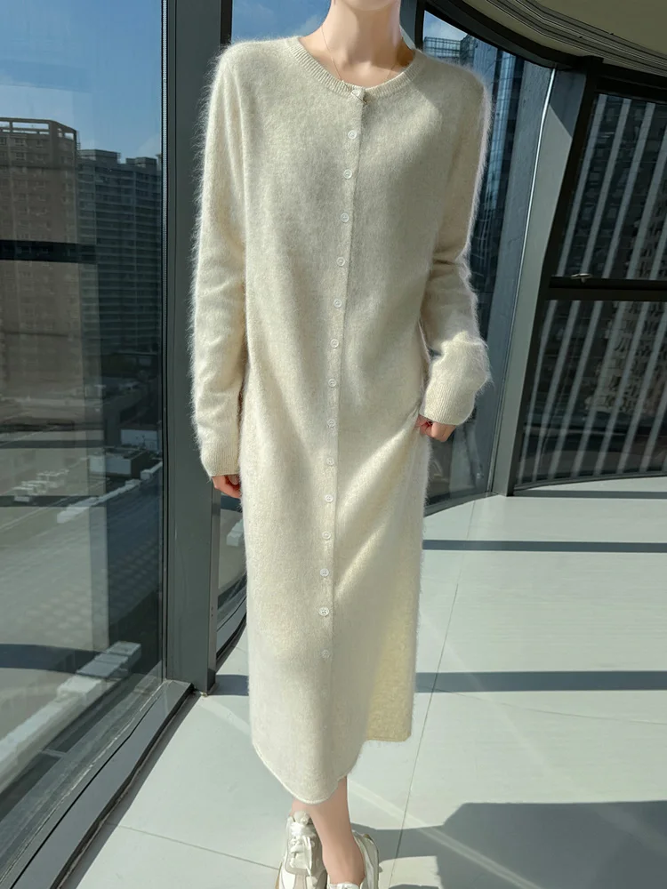 TLOML Women's 100% Mink Cashmere Sweater Solid O-neck Buttons Dresses Autumn Winter Soft Warm Mink Cashmere  Casual Comfy Dress