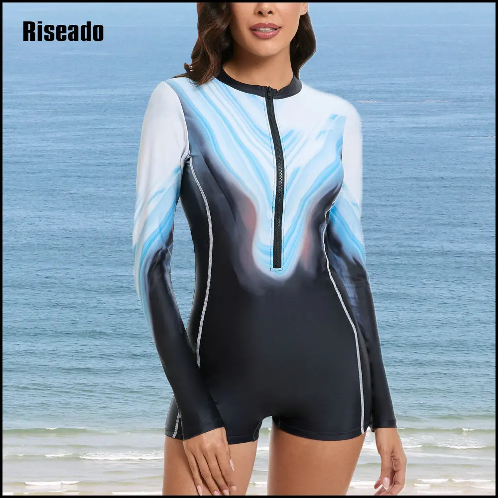 Long Sleeve Rash Guard UV Protection Zipper Printed Surfing One Piece Swimsuit Bathing Suit with Boyleg