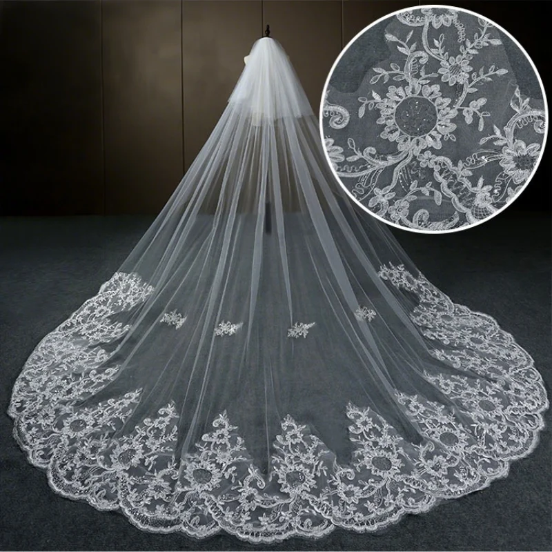 

Two Layers Luxury Bridal Veil Cathedral Sparkling Lace Wedding Veil Applique Elegant veil With Comb Custom veil