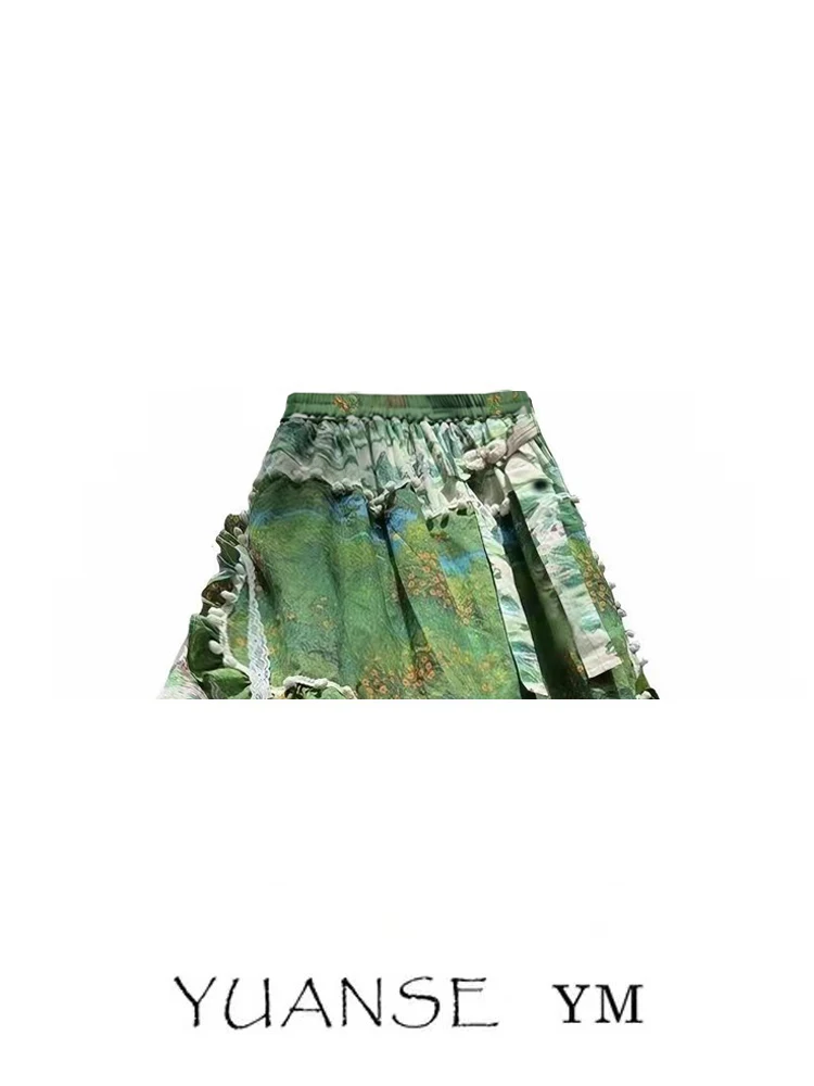 Elegant Green Floral Multi-Layer Half Skirt Women's Summer Super Fairy Tale Cake Long Skirt Yuanshi Green Wild Fairy Tale Series