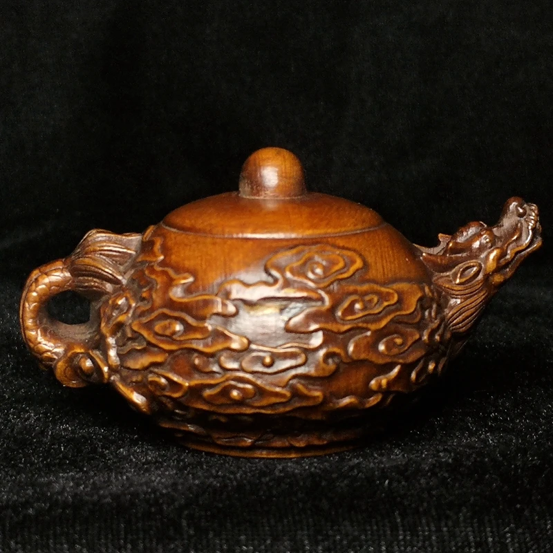 Length 3.2 inch Old Chinese boxwood hand carved dragon loong pot kettle shape Fengshui table decoration Gift collectable