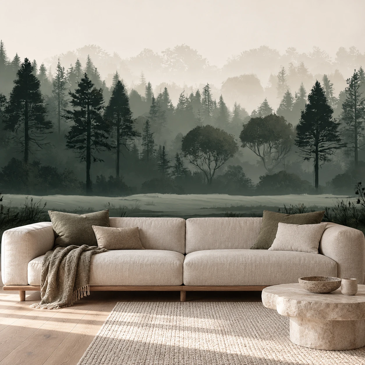 Forest Wall Mural Non Self Adhesive Misty Green Pine Trees Wallpaper for Living Room Bedroom Scandinavian Nature Landscape Decor
