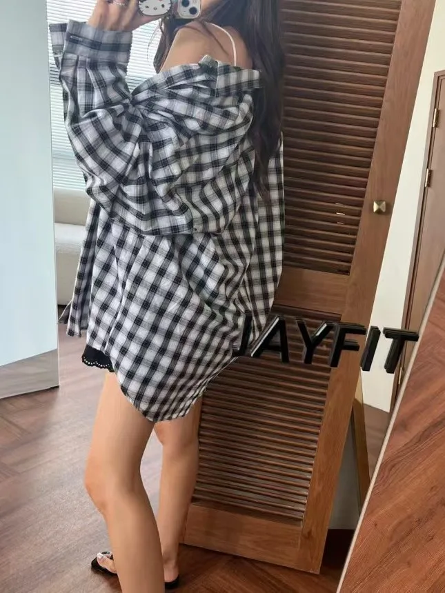 

Утягивающий клетчатый свободный крой irt, женский шикарный солнцезащитный топ с воротником в стиле ретро, дышащий корейский хлопковый топ с длинным светом