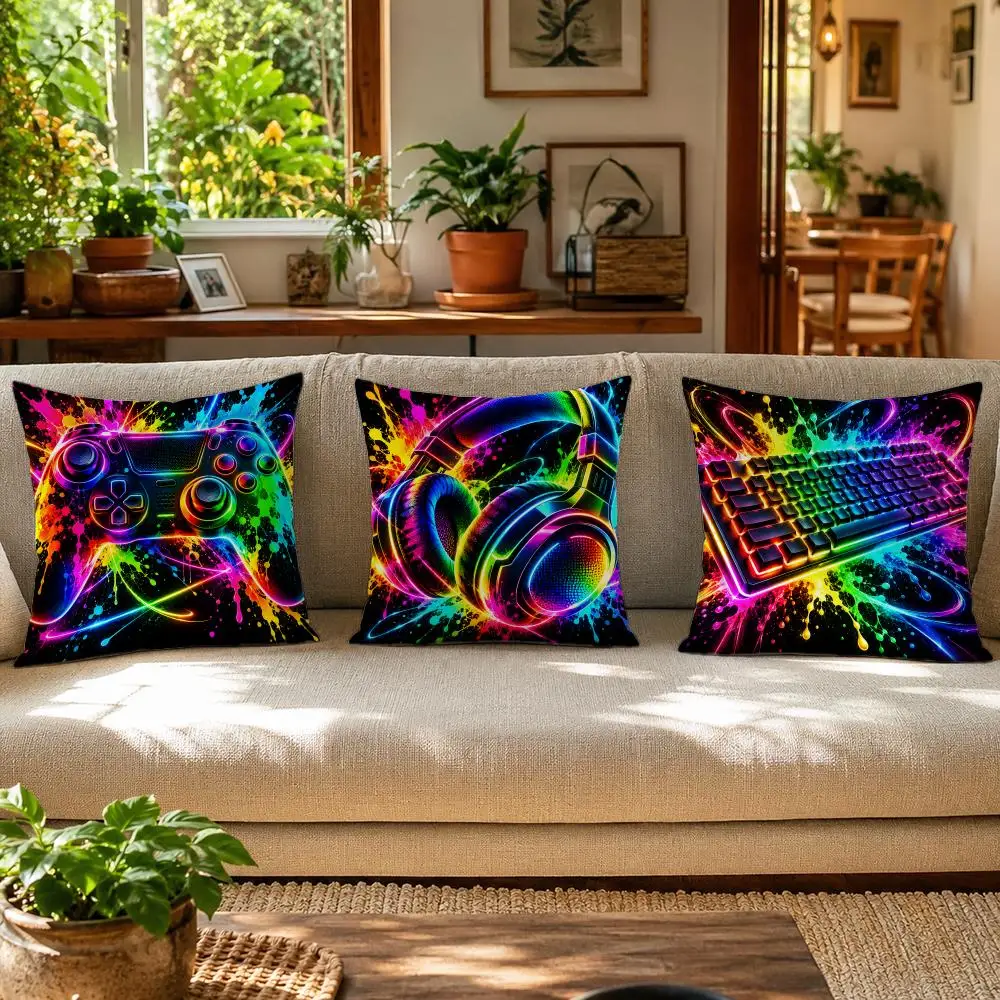 Game Headset Pattern Cushion Cover Skin-Friendly Organic Linen Pillow Cover Durable Hypoallergenic Washable Soft