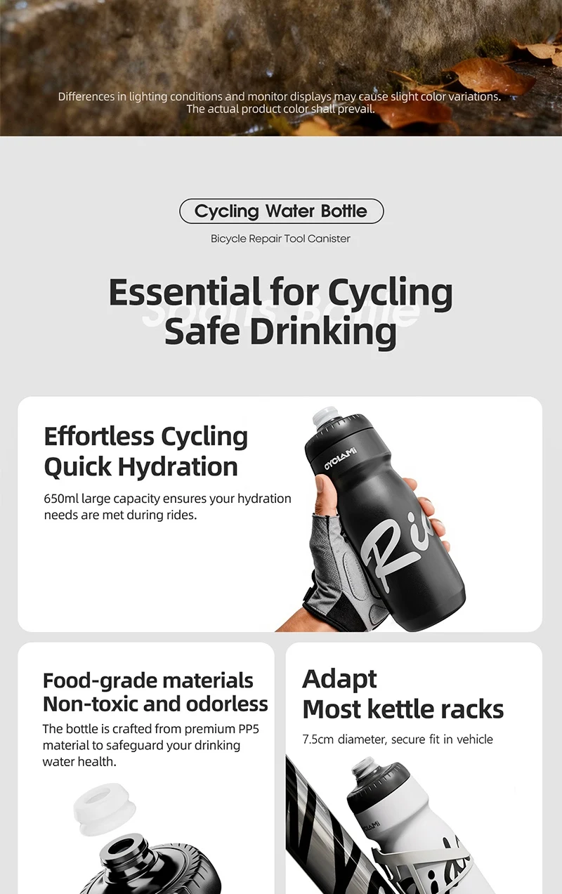 CYCLAMI Fahrrad-Trinkflasche 650ml Ultraleicht Auslaufsicher Quetschbar Geschmacksneutral für Camping Wandern Sport Fahrrad – Detail 2