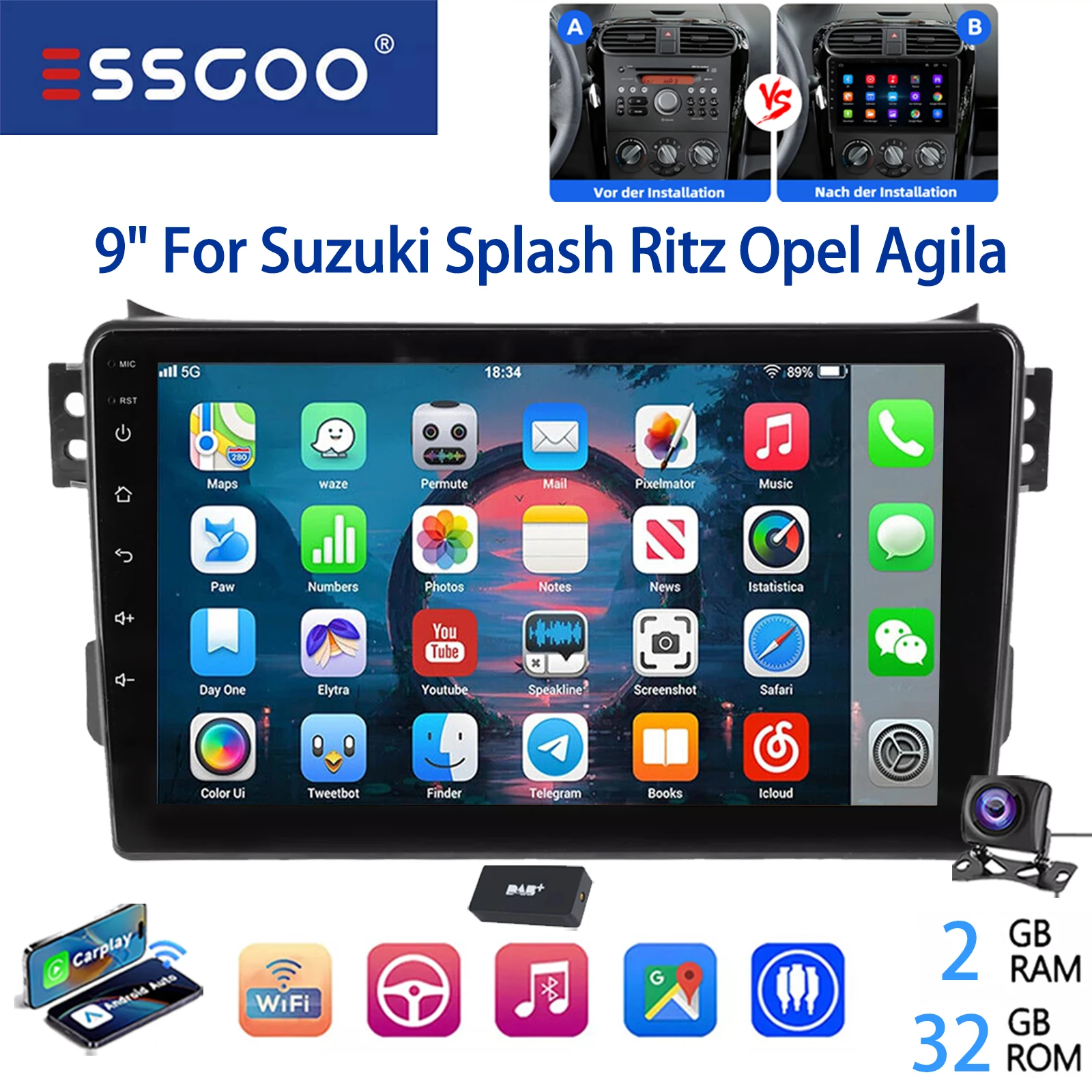 ESSGOO 9" 2 DIN Android 14 Voor Suzuki Splash Opel Agila B 2004-2014 CarPlay Android Auto Autoradio GPS Navigatie FM Wifi BT RDS Mirror Link Multimedia Video Speler