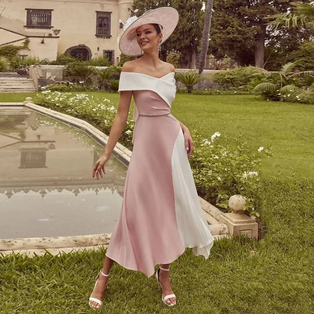 

Customized Fashion Mother of The Bride Dress Off The Shoulder V Neck Beading Belt A Line Tea Length Wedding Party Gown