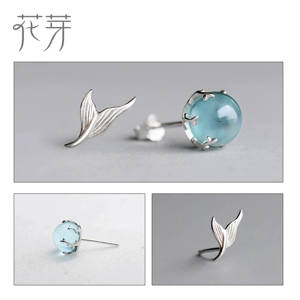 Thaya Mermaid Bubble Studs Earrings S925 Silver Blue Crystal Earrings Seaweed Cushion fishtail Earring for Women jewelry Female