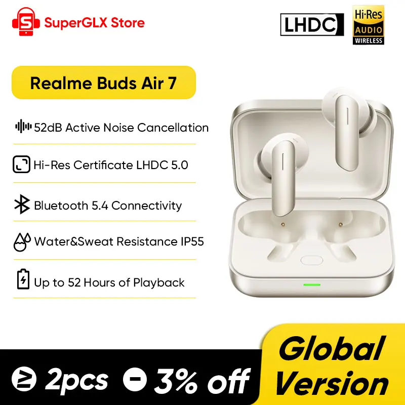 Versión Global realme Buds Air 7 52dB Smart Active Noise Cancellation 12.4mm Deep Bass Driver Bluetooth5.4 360° Spatial Audio Effect IP55 Earphone