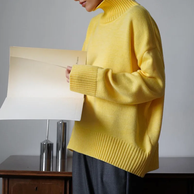 

Turtlenneck High Street Sweater Women Soft Elegant Knitted Pullover Warm Thick Basic Yellow Long Sleeve Sweater Female Knitwear
